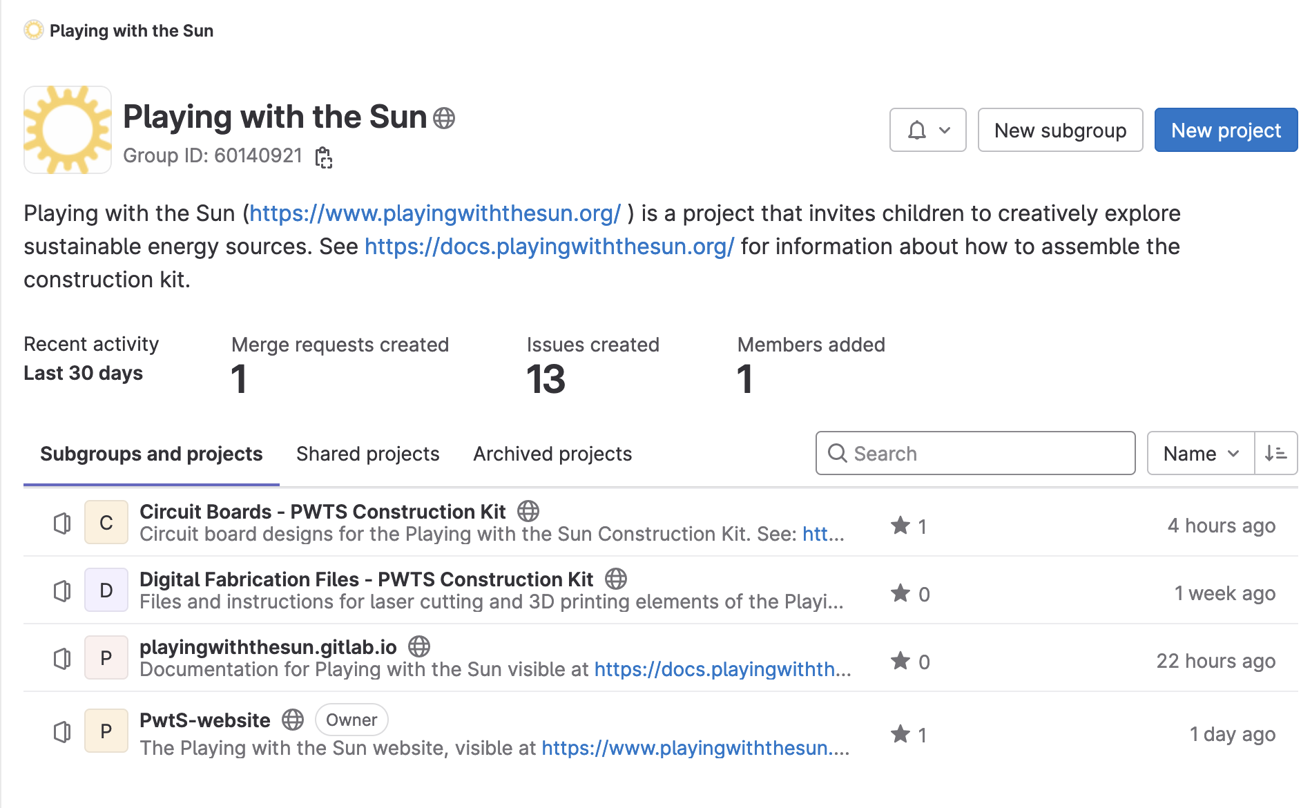 Screenshot of the public source code repository for Playing with the Sun at Gitlab.